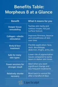 How Often Can I have Morpheus 8? 3 Table showing the benefits of Morpheus 8 treatment from Lipo Sculpt Staffordshire
